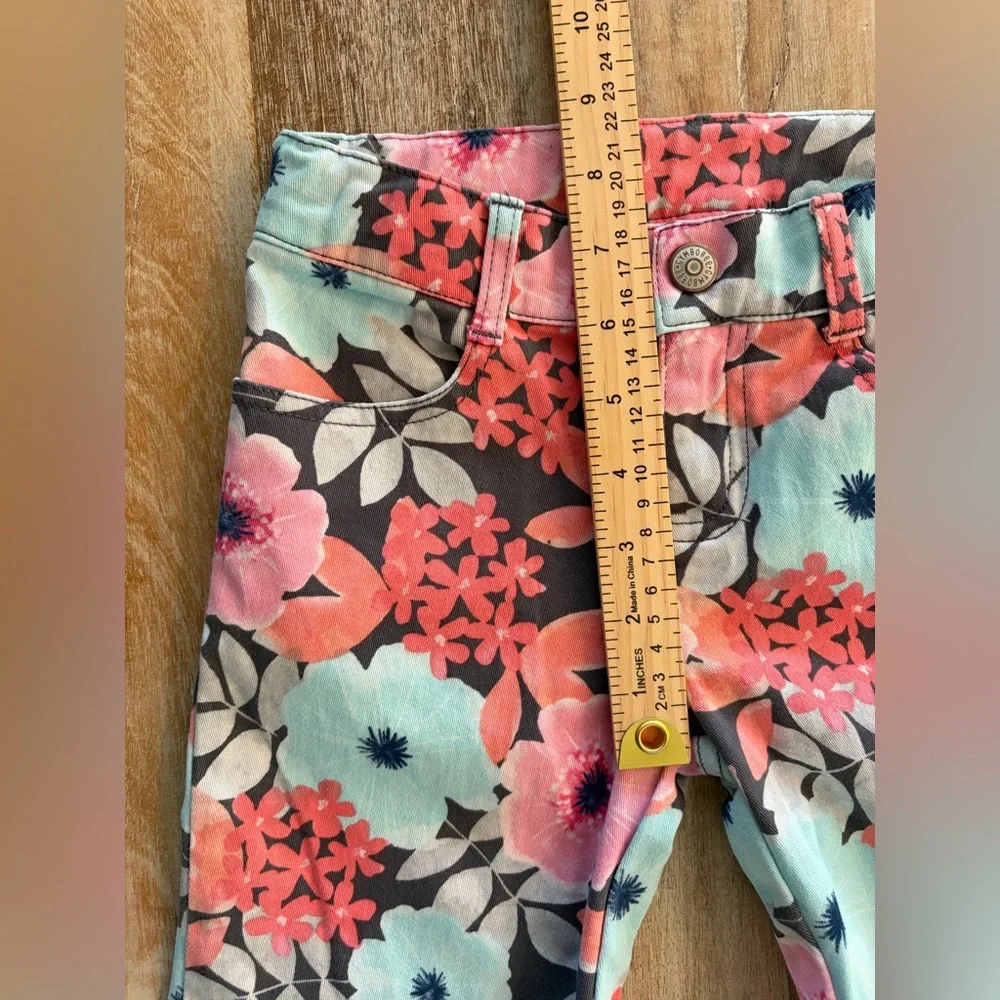 Gymboree Girls Stretch Jeans Size 8 Adjustable Waistband, Coral & Aqua Floral